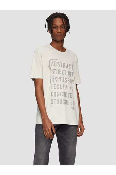 QS by s.Oliver Men's cotton T-shirt with text print and Regular Fit cut, Cream