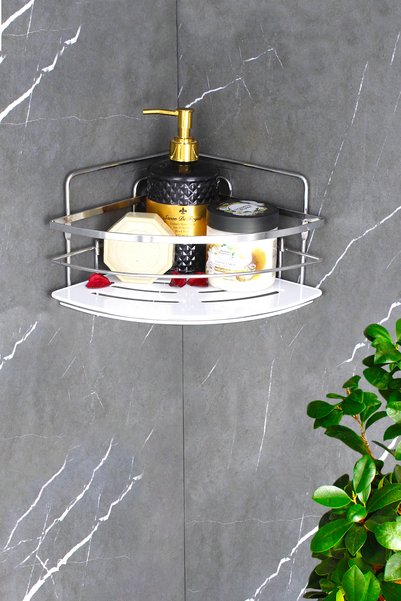 HIMYHOME Chrome Shampoo Rack with Crystal Shelf Adhesive Bathroom Organizer Corner Shower Shelf