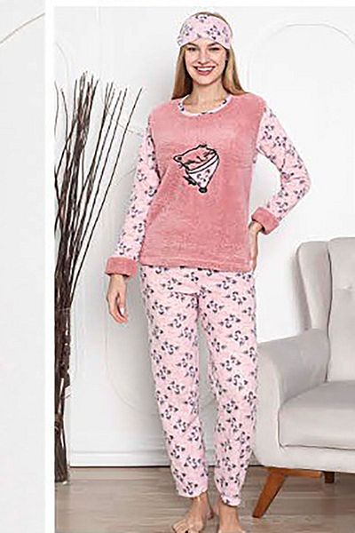 sharin Set de pijamale de iarnă din lână cu model Welsoft roz pentru femei 1C-2181