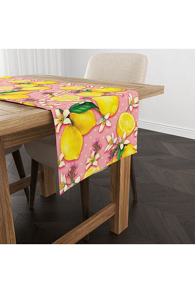 Evmila Spring Themed Lemon Patterned Velvet Fabric Digital Printed Runner
