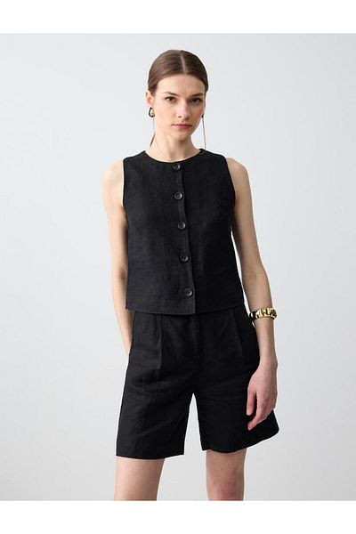 Jimmy Key Black 100% Linen Slim Fit Short Woven Vest