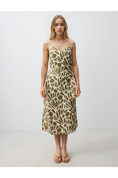 Jimmy Key Green 100% Linen V-Neck Strap Patterned Midi Dress