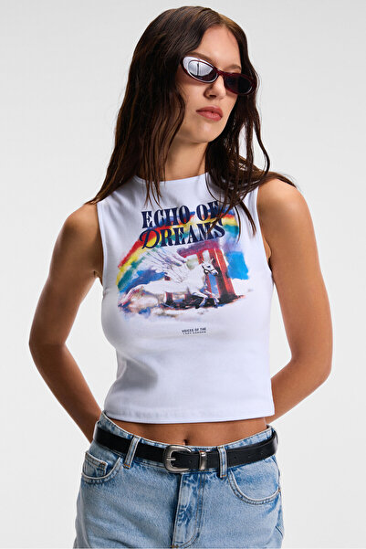 GRIMELANGE DAREVA Γυναικείο ελαστικό ύφασμα μηδενικό μανίκι με λεπτομέρεια μαλακής υφής λεπτή εφαρμογή λευκό μπλουζάκι