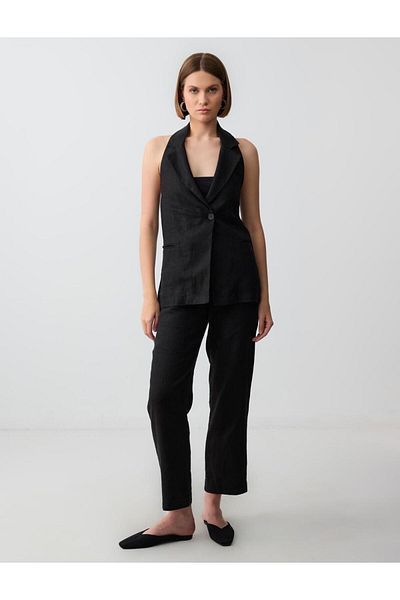 Jimmy Key Black 100% Linen Slim Fit Backless Vest with Pocket Detail