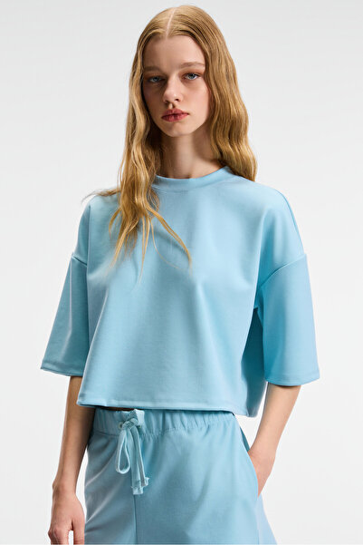 ETHIQUET VELA Γυναικείο ελαστικό ύφασμα με λαιμόκοψη Oversize Fit Μπλε T-Shirt