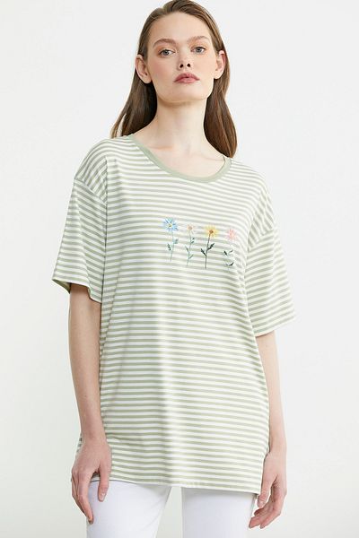 Sementa Striped Embroidery Detailed T-Shirt - Green