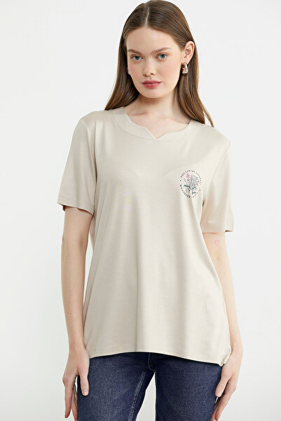 Sementa Bisiklet Yaka Baskılı Dökümlü Tişört - Taş