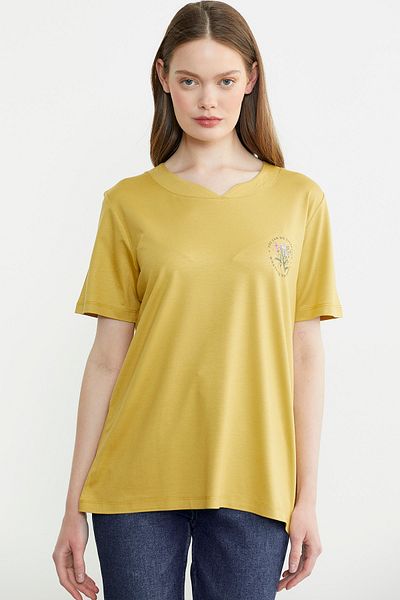 Sementa Crew Neck Printed Flowy T-Shirt - Mustard