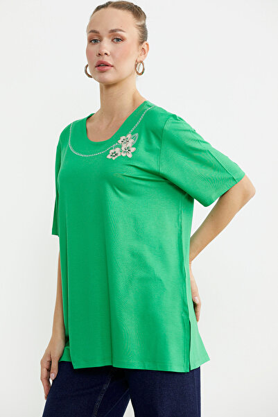 Sementa Embroidered Large Size Combed Cotton T-Shirt - Green