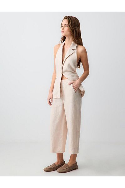 Jimmy Key Stone 100% Linen Relaxed Cut High Waist Wide Leg Woven Trousers