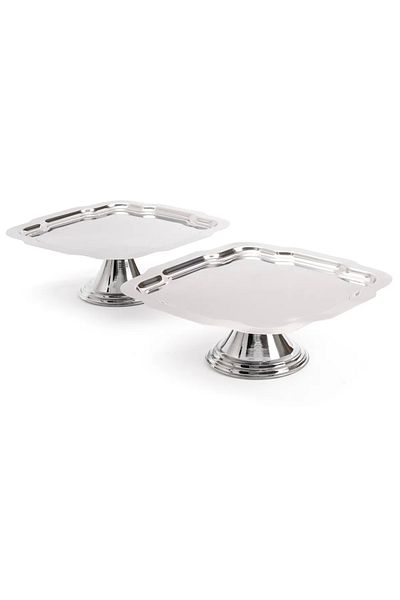 Elzemm store Stainless Steel 2 Pieces Wave Square Foot Cake Presentation Holder Cookies Stand Silver