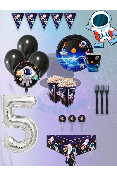 PartyPoo Σετ γενεθλίων με θέμα το διάστημα για 16 άτομα - Planet Balloons Astronaut and Rocket Decor Party Supplies