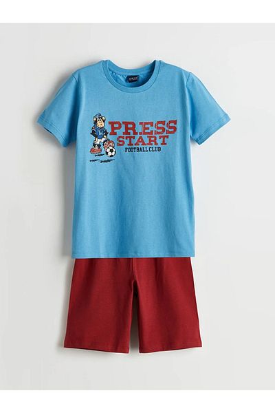 LC Waikiki Lcw Eco Blue Bicycle Collar Nostalgic Monkey Printed T-Shirt and Shorts for Boys