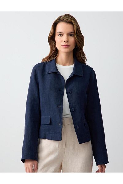 Jimmy Key Navy Blue 100% Linen Long Sleeve Short Jacket with Button Detail