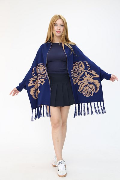 ALCHON U Shawl Collar Long Sleeve Rose Flower Pattern Double-Sided Skirt Tassel Ankle Elastic Seasonal Knitwear Shawl