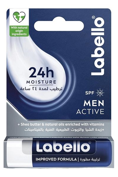 LABELLO Men Active Lip Balm, SPF 15, 24H Melt-In Moisture, with naturally derived ingredients, Miner