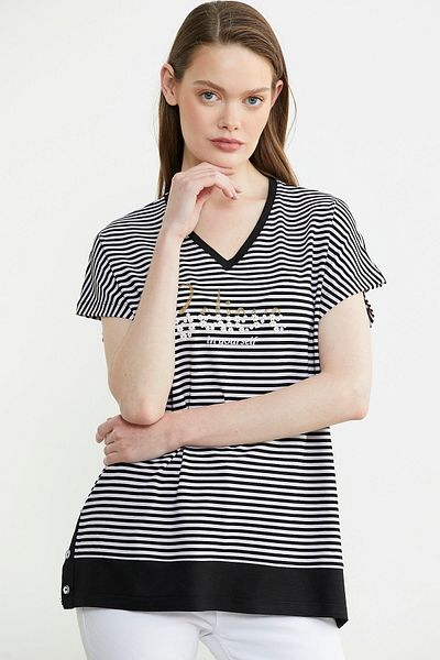Sementa Striped V-Neck Sequined T-Shirt - Black