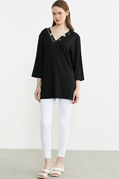 Sementa Büyük Beden Truvakar Kol Yaka Detaylı Tişört - Siyah