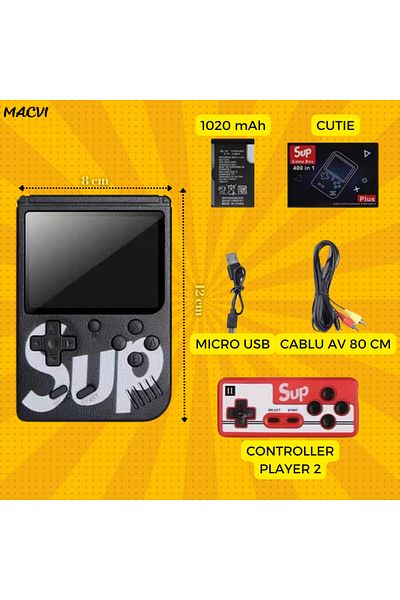 MACVI Macvi® Mini Portable Retro Console with 400 Games, 2 Players, 3" Color LCD, TV Connection, Red/Black