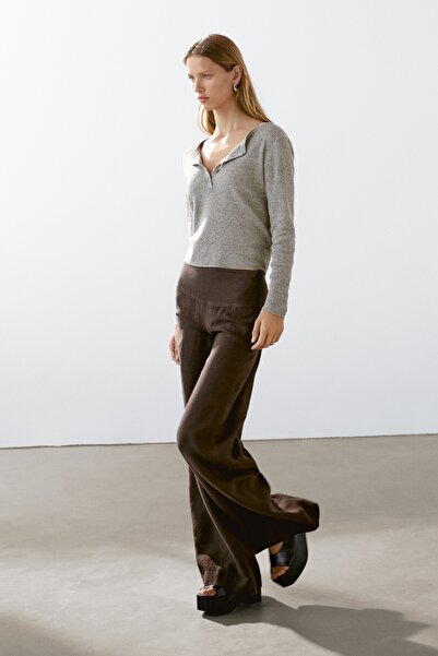 Massimo Dutti %100 keten yüksek bel geniş paça pantolon