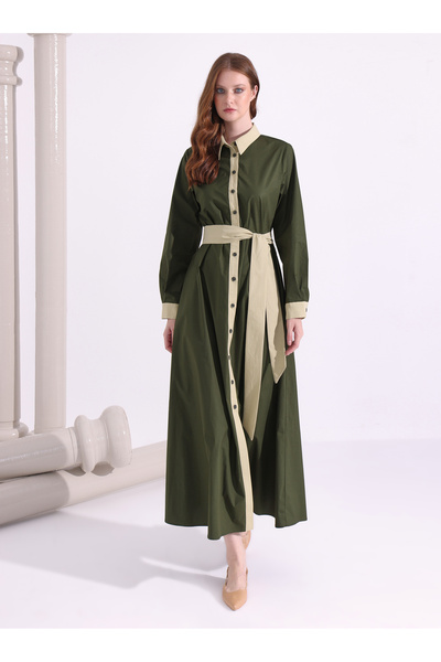 Store Wf Khaki and Beige Long Dress with Collar