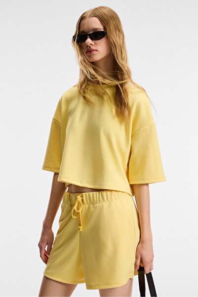 GRIMELANGE Vela Women's Stretchy Fabric Crew Neck Oversize Fit Yellow T-Shirt