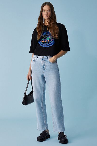 GRIMELANGE Ahrı Women's Relaxed Fit Crew Neck Printed Black T-Shirt
