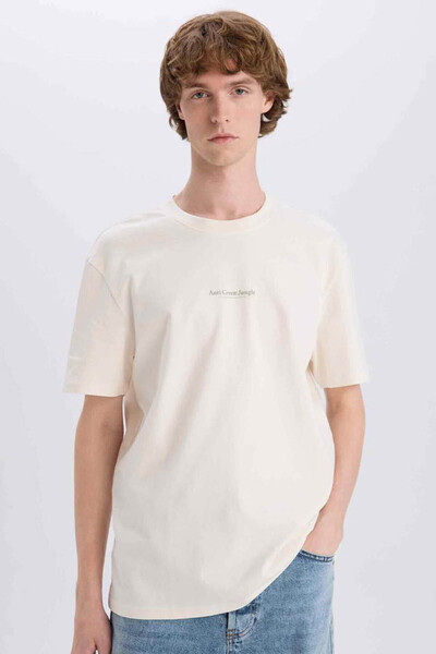 DeFacto Ανδρικό μπλουζάκι Regular Fit Crew Neck με τύπωμα Ecru E3940AX/ER137