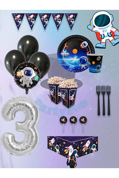 PartyPoo Σετ γενεθλίων με θέμα το διάστημα για 16 άτομα - Planet Balloons Astronaut and Rocket Decor Party Supplies