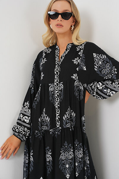 Bigdart 2423 Otantik Desenli Tesettür Elbise - Siyah 11