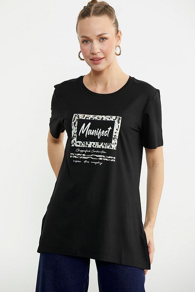 Sementa Printed Crew Neck Tunic T-Shirt - Black