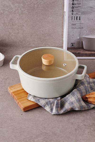 Prima Nova Fika Glass Lid Aluminum Casting Pot 22cm, Beige