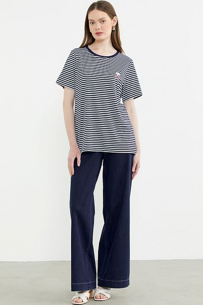 Sementa Βαμβακερό μπλουζάκι με ριγέ κέντημα - Navy Blue