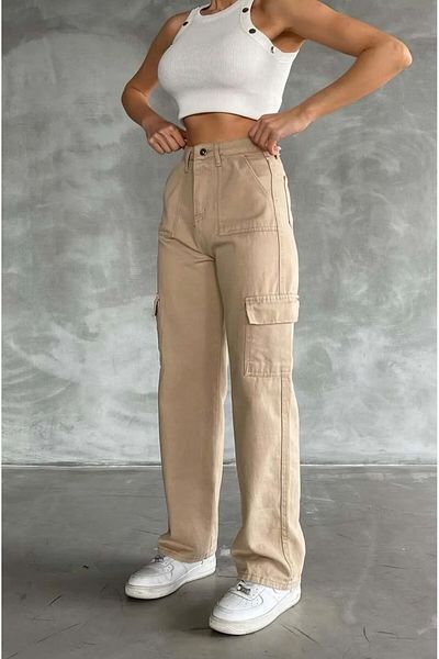 Shield Life Beige Cargo Pocket Women's Wide Leg Summer Pants Super High Waist Collects and Comfortable Hijab Pants