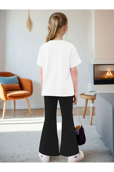 LOUİSA Girl Floral Butterfly Printed White T-Shirt-Black Flared Leggingsset