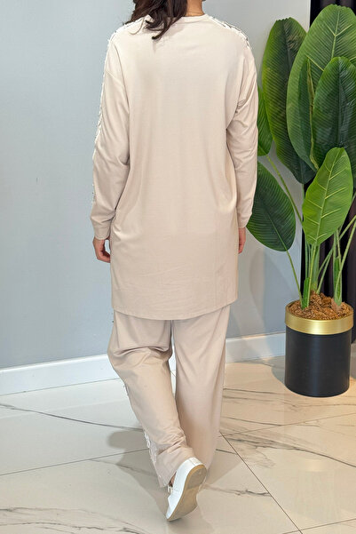 Ceremony Tunic Suit with Side Staples and Stone Detail 5983 Beige