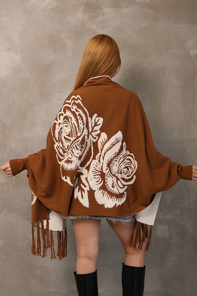 ALCHON U Shawl Collar Long Sleeve Rose Flower Pattern Double-Sided Skirt Tassel Ankle Elastic Seasonal Knitwear Shawl