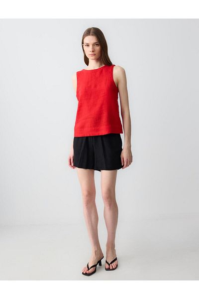Jimmy Key Red 100% Linen Round Neck Sleeveless Woven Blouse