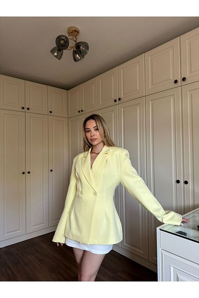 Zey Studio Women's Yellow Waist Fitted Blazer Jacket with Padding Detail