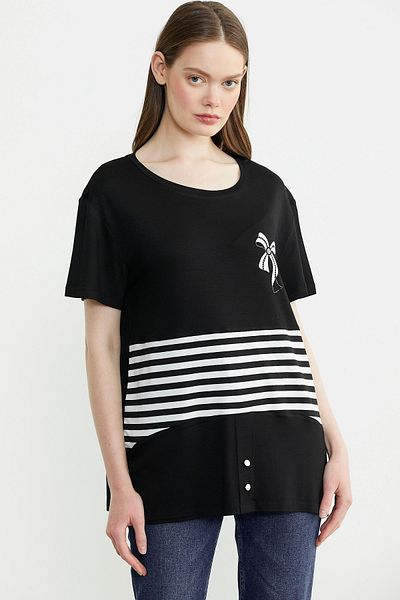 Sementa Printed Stripe Detailed T-Shirt - Black
