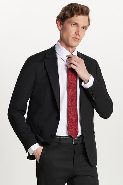 Tudors Men's Regular Fit Black Stretchy Lycra Fabric Mono Collar Suit with Flap Pockets