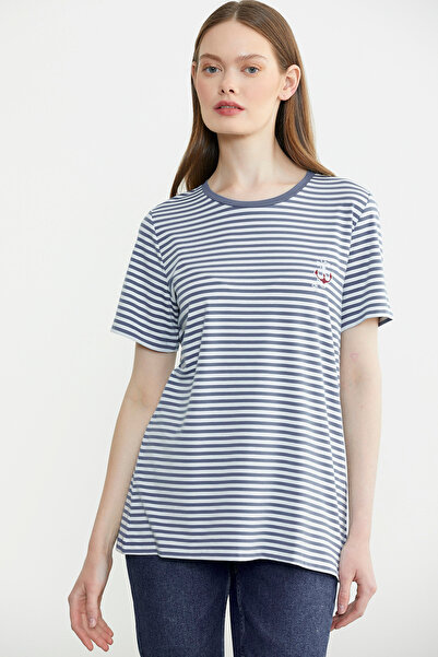 Sementa Смугаста вишивка, деталізована бавовняна футболка - Indigo