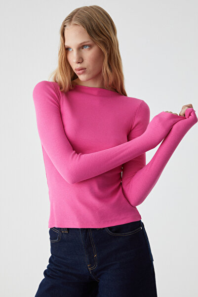 GRIMELANGE Zillean Women's Ballerina Neck Slim Long Sleeve Pink Blouse