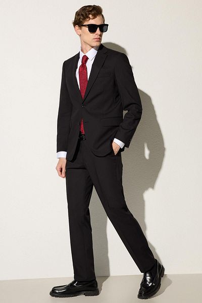 Tudors Men's Regular Fit Black Stretchy Lycra Fabric Mono Collar Suit with Flap Pockets