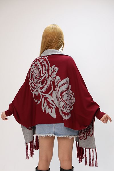 ALCHON U Shawl Collar Long Sleeve Rose Flower Pattern Double-Sided Skirt Tassel Ankle Elastic Seasonal Knitwear Shawl