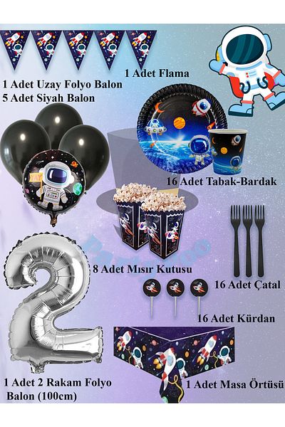 PartyPoo Space Themed Birthday Set for 16 Guests - Planet Balloons Astronaut and Rocket Decor Party Supplies