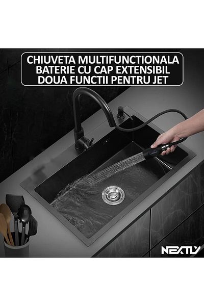NEXTLY Set Chiuveta Si Baterie Tip Lebada Pentru Bucatarie,,multifunctionala,dozator Detergent Inclus