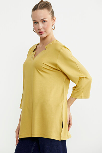 Sementa Μπλουζάκι με λεπτομέρεια με γιακά με μανίκια τριών τετάρτων - μουστάρδα