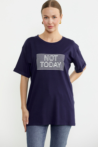 Sementa Baskılı Sıfır Yaka Uzun Tişört - Lacivert