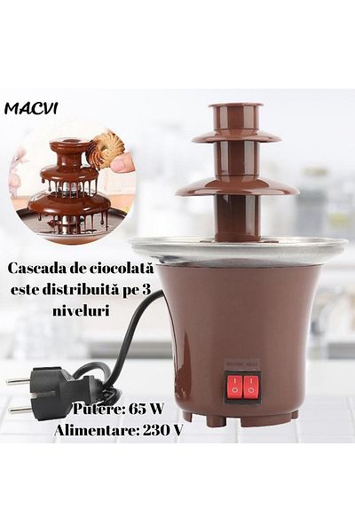 MACVI Fantana de Ciocolata Macvi® cu 3 Nivele, 65W, Otel Inoxidabil, Usor de Utilizat, 14.5 x 22 cm